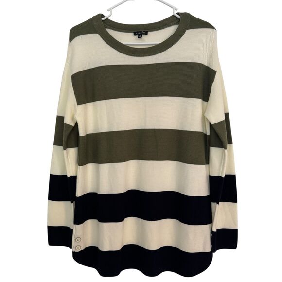 NWOT Talbots Women's SMALL Color Block Crewneck Sweater, Cream, NVB, Olive Green - Picture 2 of 7